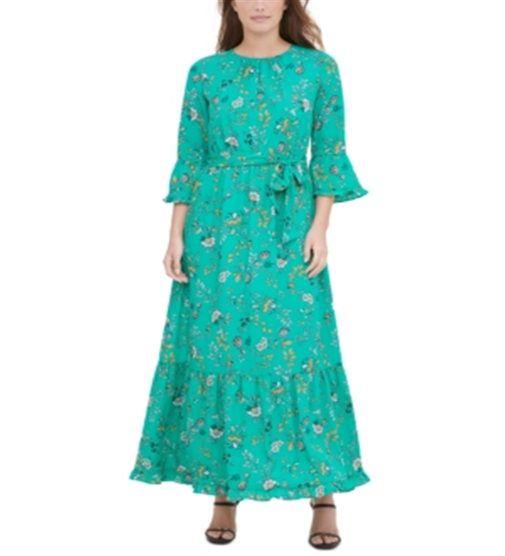 Calvin Klein Women's  Printed Tiered Maxi Peasant Dress Green Size Small