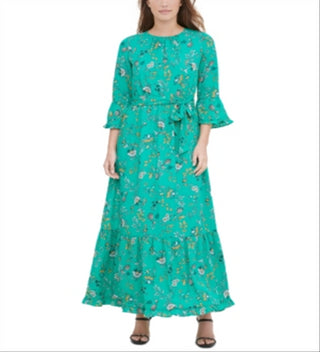 Calvin Klein Women's  Printed Tiered Maxi Peasant Dress Green Size Small