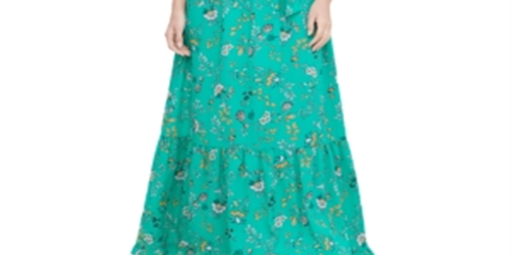 Calvin Klein Women's  Printed Tiered Maxi Peasant Dress Green Size Small