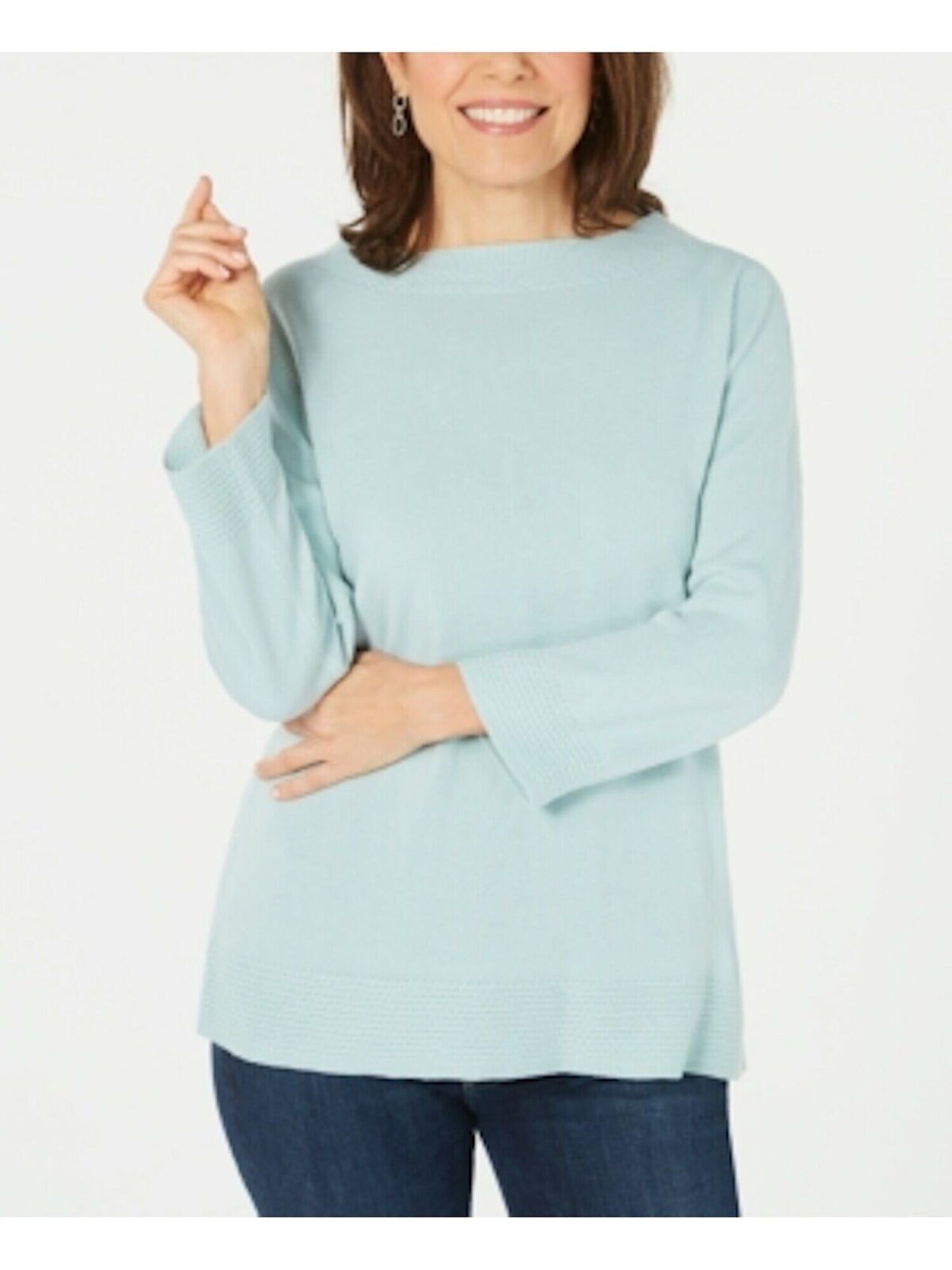 Karen Scott Women's Ribbed Printed Long Sleeve Crew Neck Blouse Top  Blue Size  Petite S