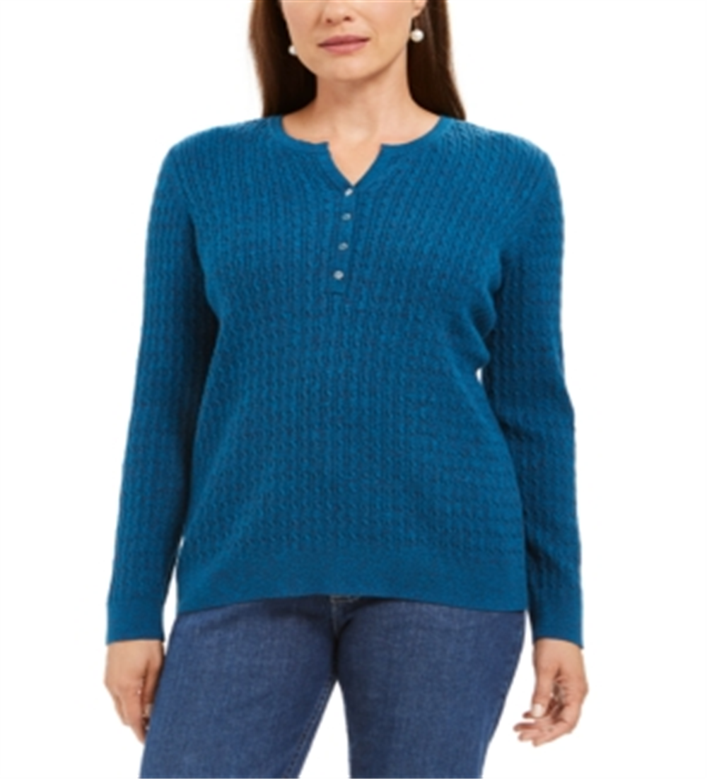 Karen Scott Women's Cable-Knit Henley Sweater  Blue Teal Marl Blue Size Large