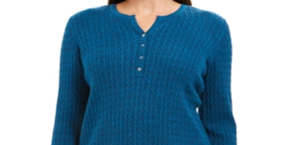 Karen Scott Women's Cable-Knit Henley Sweater  Blue Teal Marl Blue Size Large