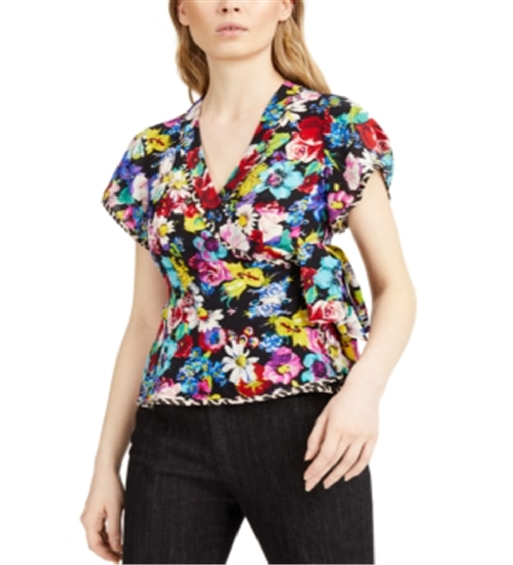 Nanette Lepore Bouquet Wrap Top (Black Multi) Women's Clothing Black Size 12
