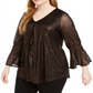 Alfani Women's Metallic Print Bell Sleeve Top Black Size 1X