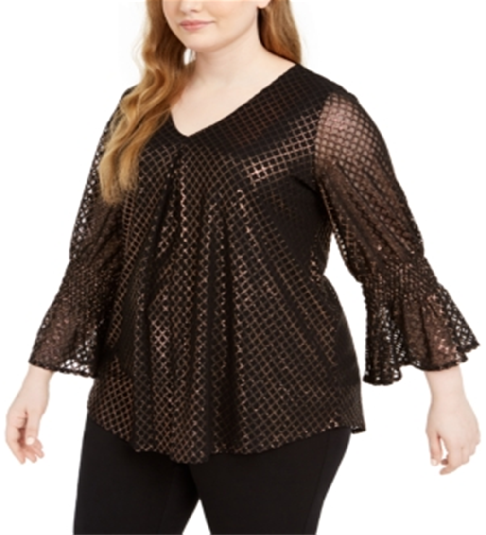 Alfani Women's Metallic Print Bell Sleeve Top Black Size 1X