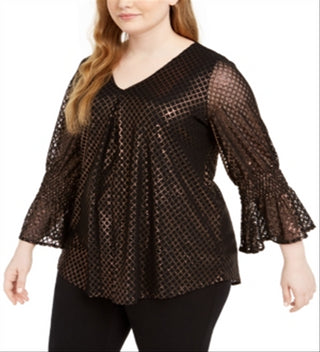 Alfani Women's Metallic Print Bell Sleeve Top Black Size 1X