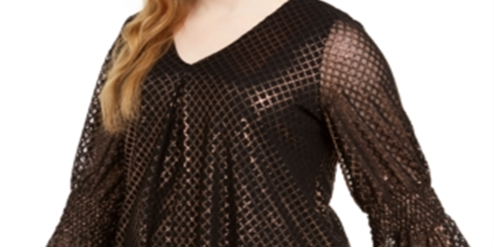 Alfani Women's Metallic Print Bell Sleeve Top Black Size 1X