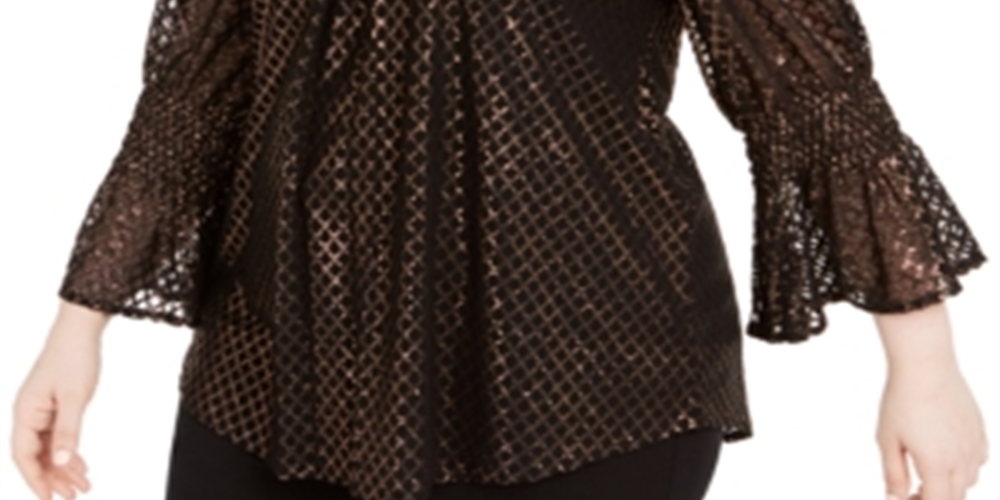 Alfani Women's Metallic Print Bell Sleeve Top Black Size 1X