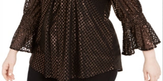 Alfani Women's Metallic Print Bell Sleeve Top Black Size 1X