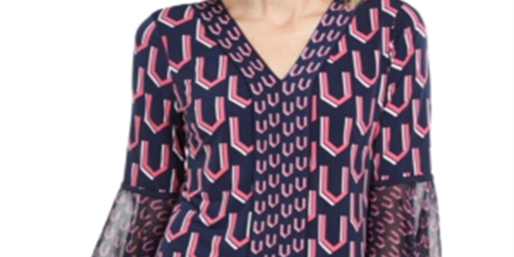 JM Collection Women's Printed Bell-Sleeve Tunic  Blue Size XL