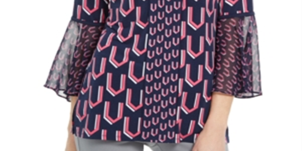 JM Collection Women's Printed Bell-Sleeve Tunic  Blue Size XL