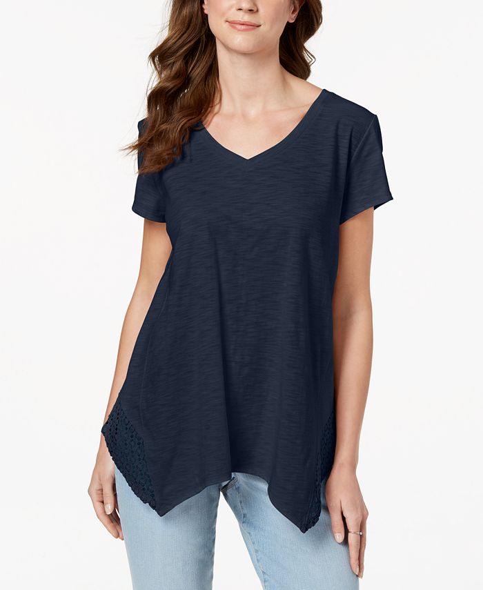 Style & Co Women's Crochet Handkerchief Hem T-Shirt -Green Size XS