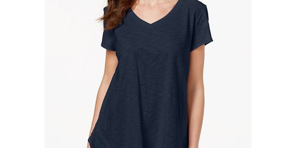 Style & Co Women's Crochet Handkerchief Hem T-Shirt -Green Size XS
