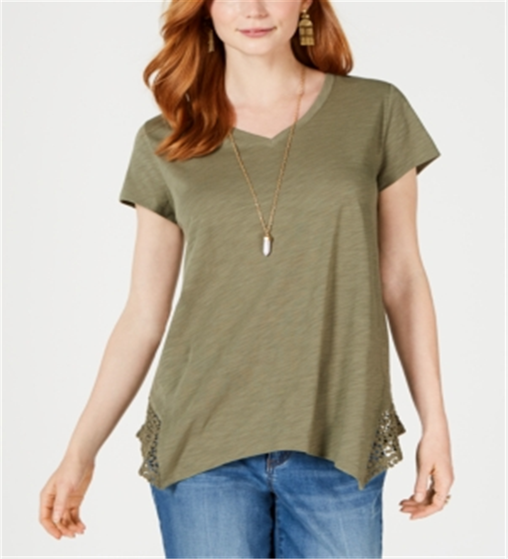 Style & Co Women's Crochet Handkerchief Hem T-Shirt -Green Size XS