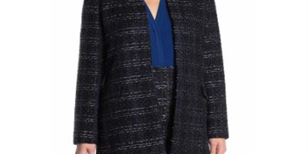 Calvin Klein Women's Metallic Tweed Long Novelty Open Jacket Navy Multi Size 4