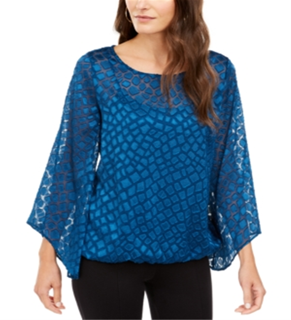 Alfani Women's Snakeskin Print Bubble Blouse Blue Size Petite S/M