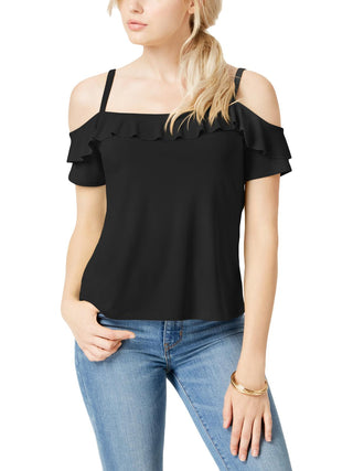 Bar III Women's  Flounce-Trim Cold-Shoulder Top  Black Size XL
