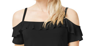 Bar III Women's  Flounce-Trim Cold-Shoulder Top  Black Size XL