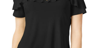 Bar III Women's  Flounce-Trim Cold-Shoulder Top  Black Size XL