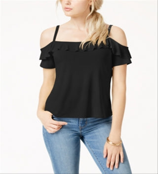 Bar III Women's  Flounce-Trim Cold-Shoulder Top  Black Size XL