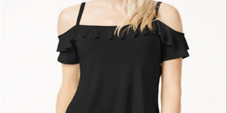 Bar III Women's  Flounce-Trim Cold-Shoulder Top  Black Size XL
