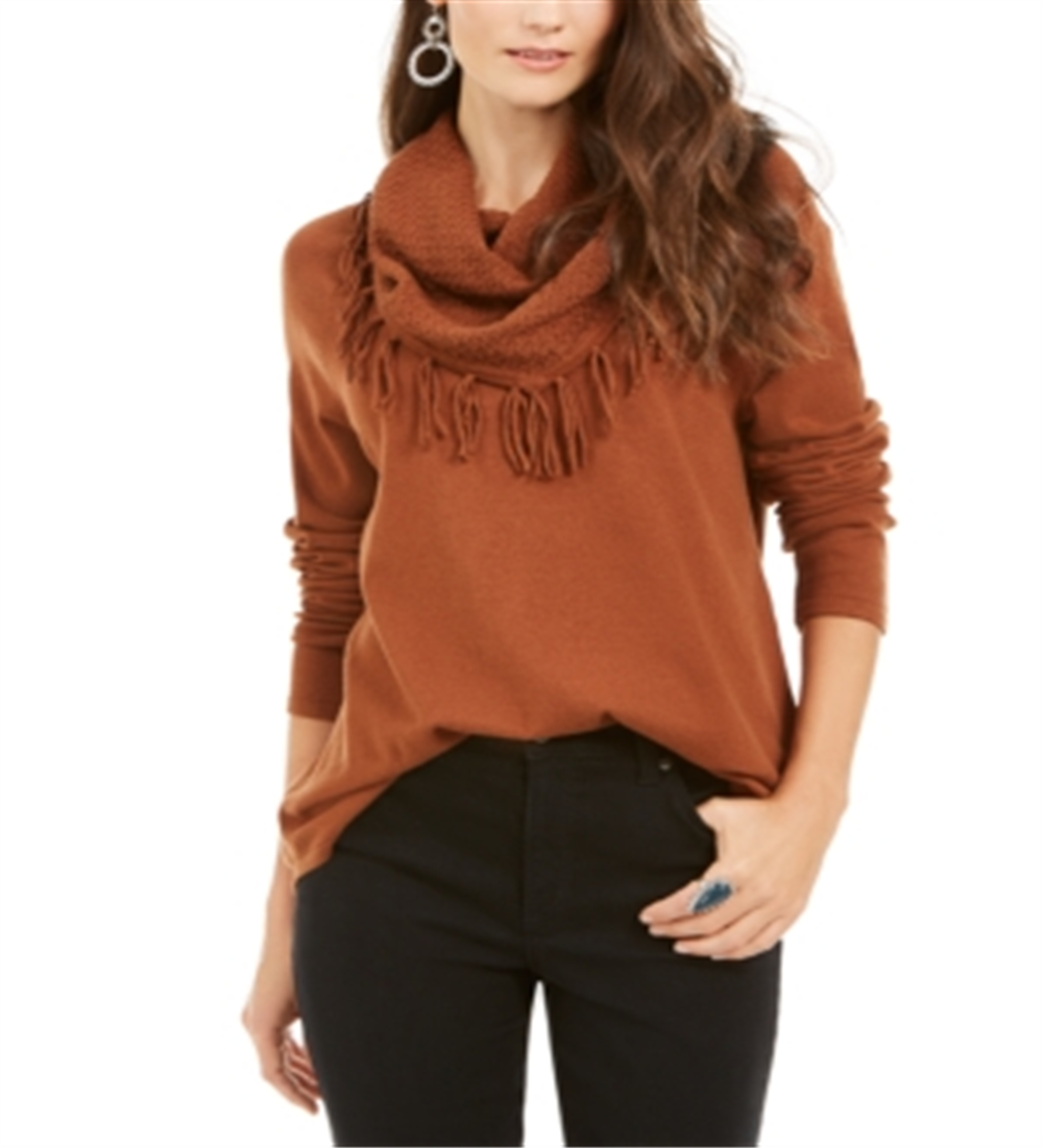 Style & Co Women's Fringed Cowl Neck Sweater Brown Size PP