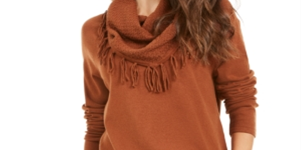 Style & Co Women's Fringed Cowl Neck Sweater Brown Size PP