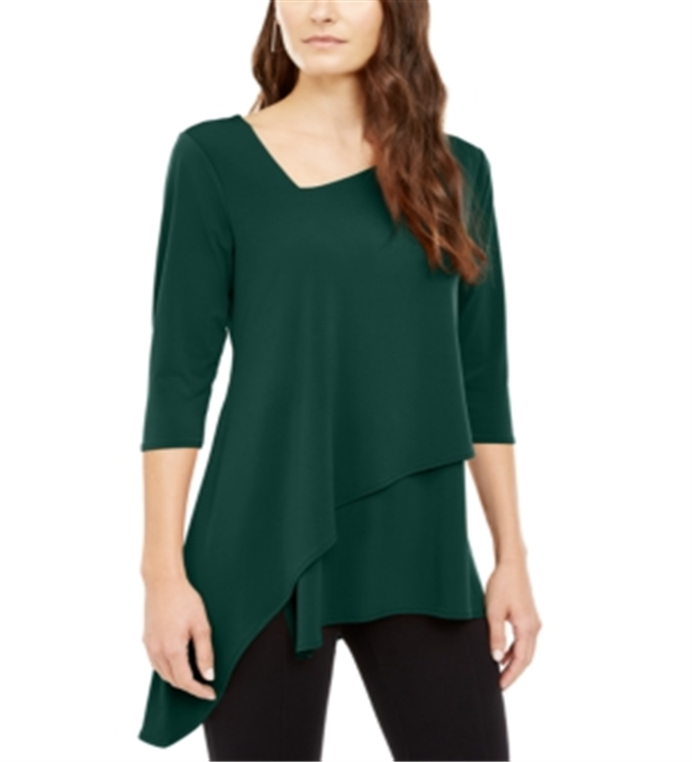 Alfani Women's Asymmetrical-Hem 3/4-Sleeve Top  Green Size Medium