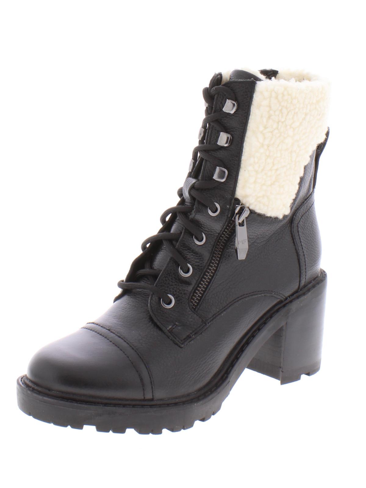 Marc Fisher Women's Padded Zipper Accent Lace up Cap Toe Lug Sole Fur Trim Lansly Round Toe Block Heel Zip-up Leather Booties Black Size 10 M