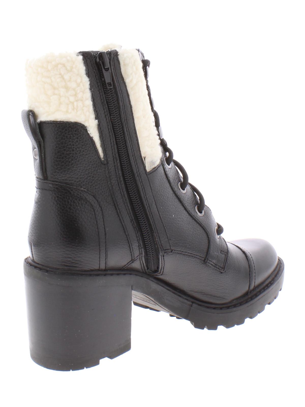 Marc Fisher Women's Padded Zipper Accent Lace up Cap Toe Lug Sole Fur Trim Lansly Round Toe Block Heel Zip-up Leather Booties Black Size 10 M