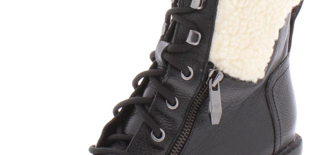 Marc Fisher Women's Padded Zipper Accent Lace up Cap Toe Lug Sole Fur Trim Lansly Round Toe Block Heel Zip-up Leather Booties Black Size 10 M