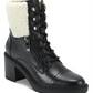 Marc Fisher Women's Padded Zipper Accent Lace up Cap Toe Lug Sole Fur Trim Lansly Round Toe Block Heel Zip-up Leather Booties Black Size 10 M