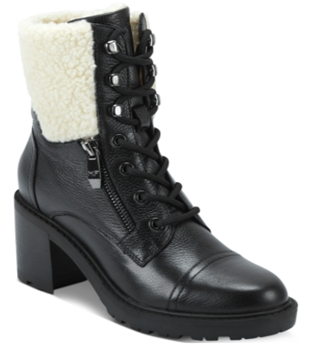 Marc Fisher Women's Padded Zipper Accent Lace up Cap Toe Lug Sole Fur Trim Lansly Round Toe Block Heel Zip-up Leather Booties Black Size 10 M