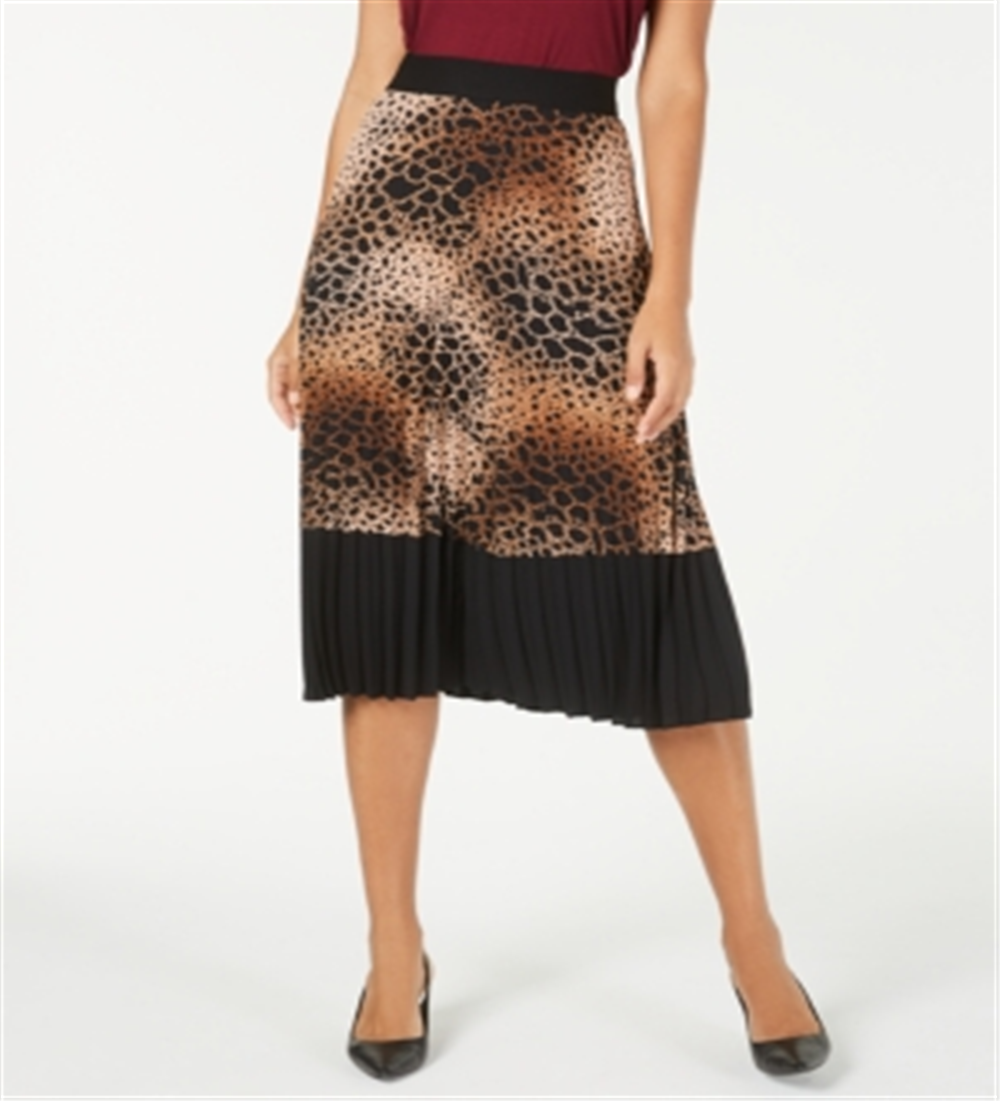 Alfani Women's Printed Pleated MIDI Skirt -Brown Size Petite L