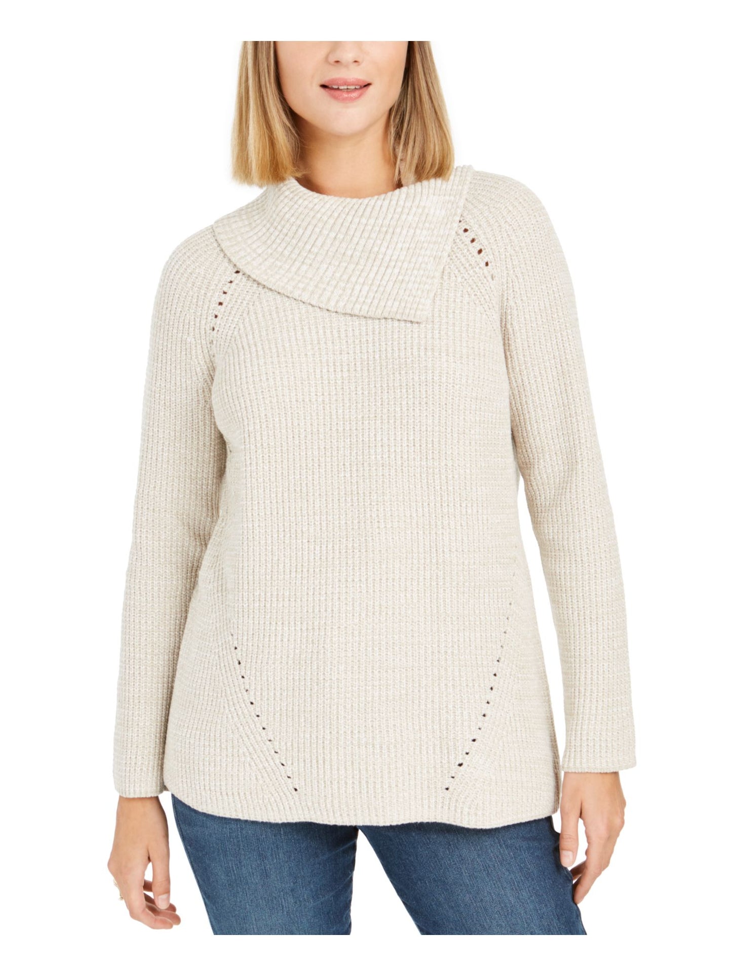 Style & Co Women's  Herringbone Long Sleeve Crew Neck Evening Top Beige Size Petite S