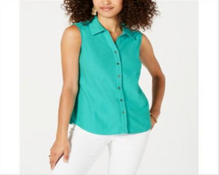 Charter Club Women's Pique Sleeveless Shirt  Turquoise Stone Size 6