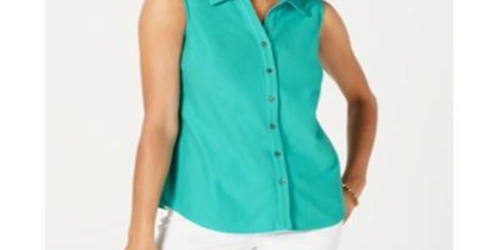 Charter Club Women's Pique Sleeveless Shirt  Turquoise Stone Size 6
