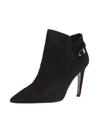 Sam Edelman Women's Padded Buckle Accent Logo Fiora Pointed Toe Stiletto Zip-up Leather Black Size 7.5 M