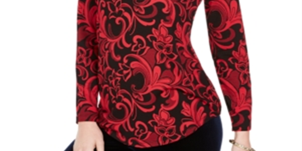 JM Collection Women's Printed Turtleneck Top Red Size Petite L
