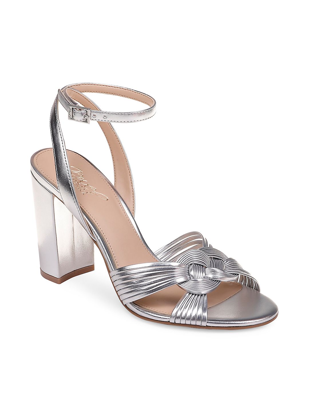 Jewel Badgley Mischka Women's  Krystal Knotted Block Heel Sandal Silver Size 6 M