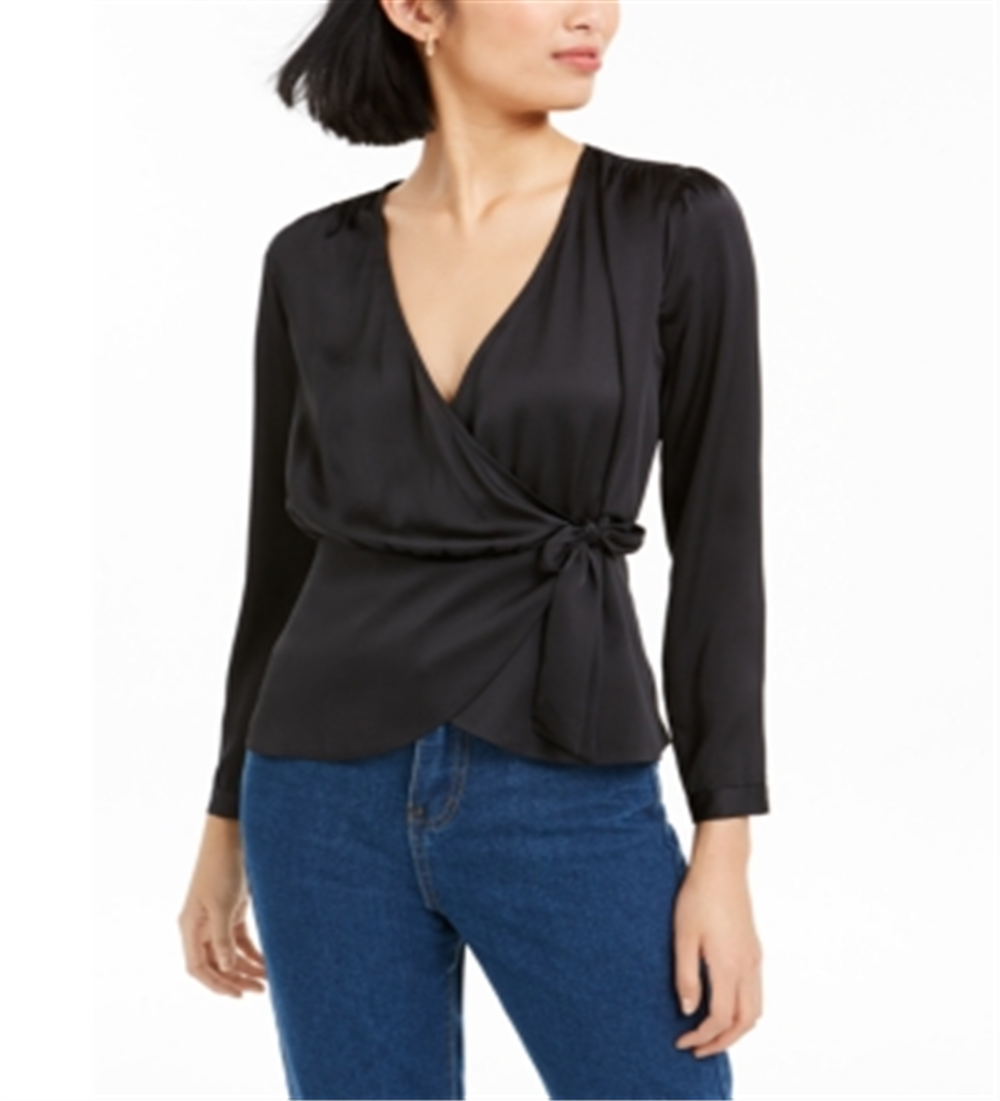 BAR III Women's  Long Sleeve V Neck Faux Wrap Wear to Work Black Size M