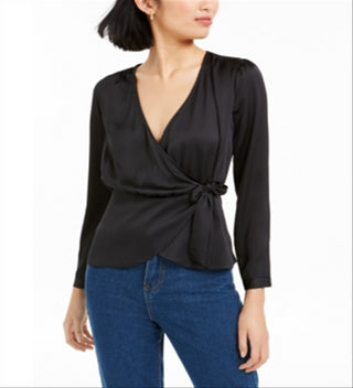 BAR III Women's  Long Sleeve V Neck Faux Wrap Wear to Work Black Size M