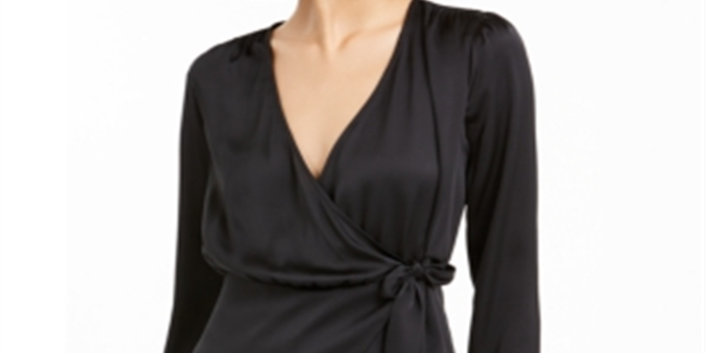 BAR III Women's  Long Sleeve V Neck Faux Wrap Wear to Work Black Size M