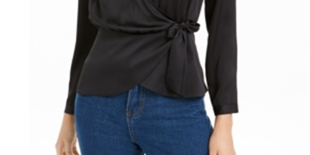 BAR III Women's  Long Sleeve V Neck Faux Wrap Wear to Work Black Size M
