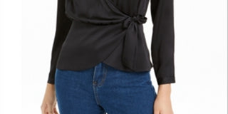 BAR III Women's  Long Sleeve V Neck Faux Wrap Wear to Work Black Size M