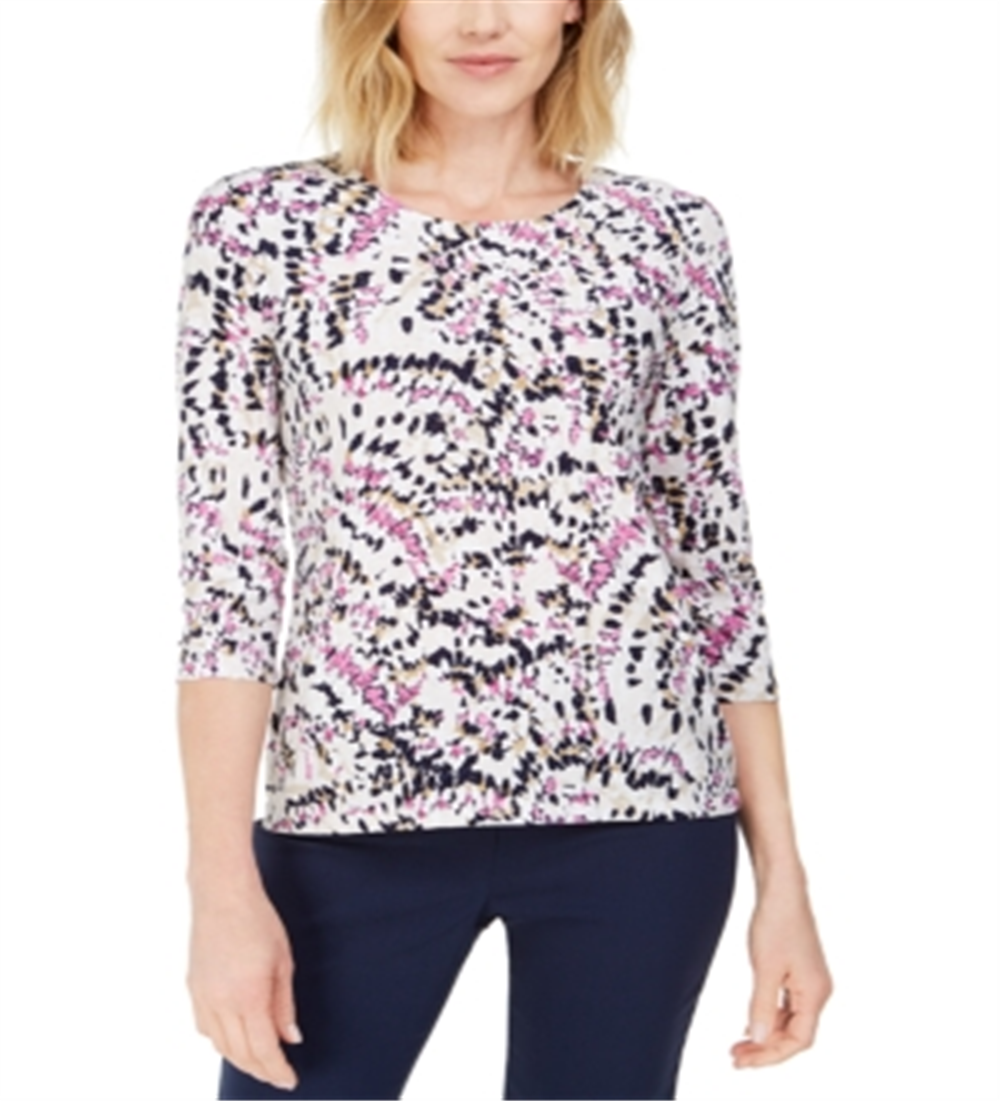 JM Collection Women's Printed 3/4 Sleeve Jewel Neck Top White Size Small