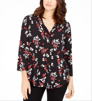 Charter Club Women's Floral Print Pleated V-Neck Blouse  Deep Black  Size XL