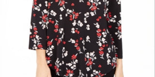 Charter Club Women's Floral Print Pleated V-Neck Blouse  Deep Black  Size XL