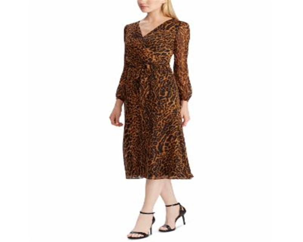 Ralph Lauren Women's Ocelot Print Georgette Dress Brown Size 18