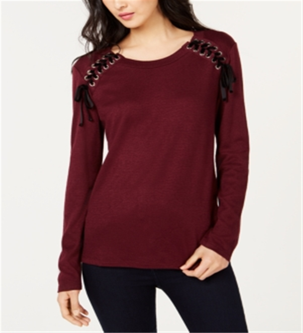 INC International Concepts Women's Ribbon Laced Sweatshirt Red Size Petite